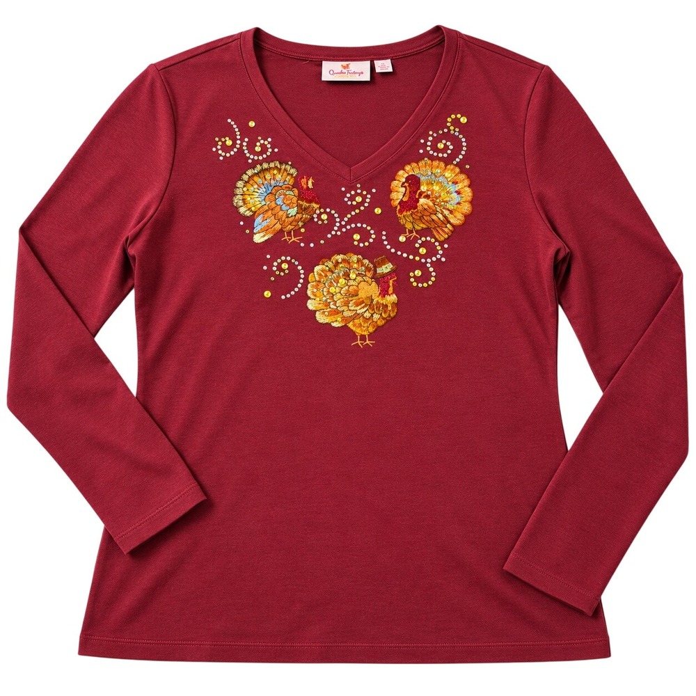 Quacker Factory Top XL Burgundy Thanksgiving Turkey Rhinestone V-Neck LongSleeve
